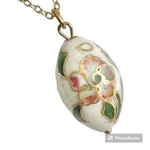Vintage Cloisonne Flower Egg Oval Bead Necklace Aqua Pink Enamel Gold Plated 18"